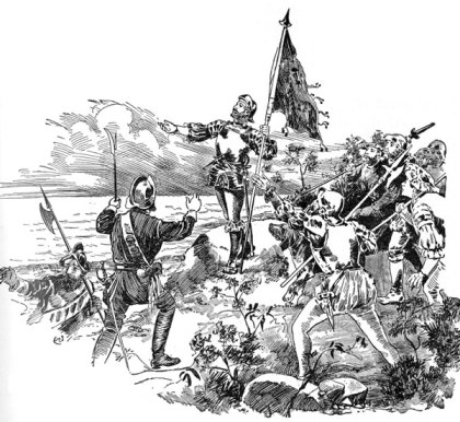 Reproducción del momento en que Vasco Núñez de Balboa, el 25 de septiembre de 1513, toma posesión de las nuevas tierras en nombre del rey de Castilla, rodeado por sus hombres y en presencia de su escribano Andrés de Valderrábano , que dejaría constancia de este hecho en un pergamino que llevaba a tal efecto "los caballeros e hidalgos y hombres de bien que hallaron en el descubrimiento del Mar del Sur con el magnífico y muy noble señor el capitán Vasco Núñez de Balboa, gobernador de Su Alteza a que ratifiquen que ese señor Vasco Núñez de Balboa fue el primero que vio ese mar y que se lo mostró a los siguientes.